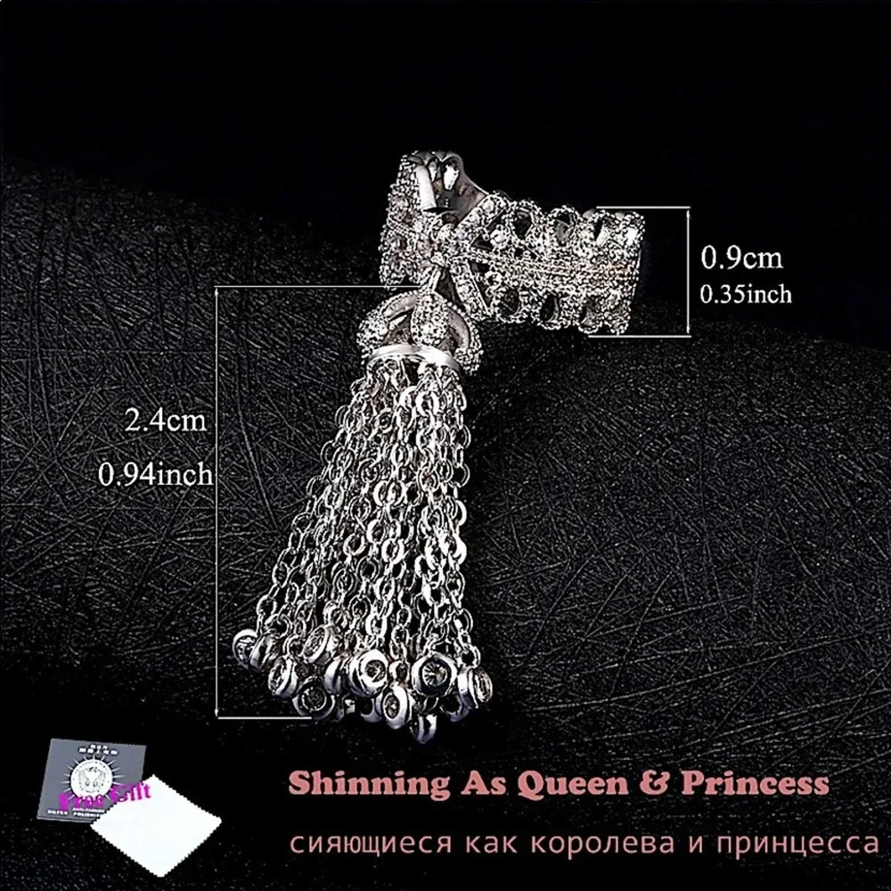 NEW WHITE GOLD PLATED CROWN TASSEL ADJUSTABLE RESIZABLE STATEMENT RING